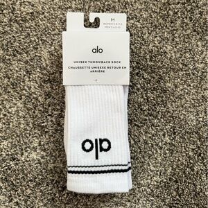 ALO Yoga White Athletic Crew Socks with Black Logo and Stripe